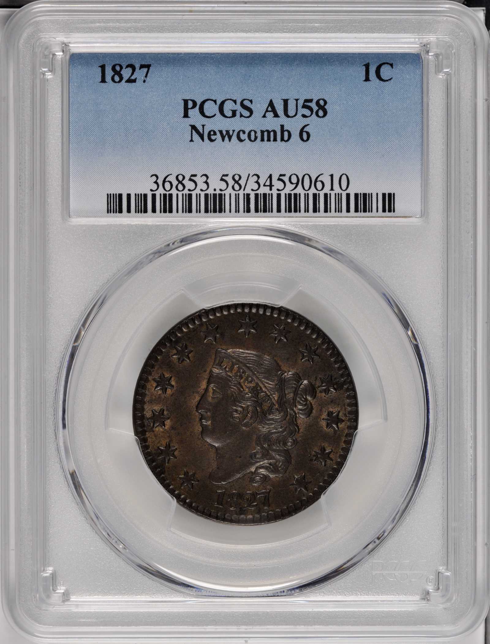 image for: 1827 Matron Head Cent. N-6. Rarity-3. AU-58 (PCGS).