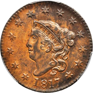 image for: 1817 Matron Head Cent. N-6. Rarity-1. 13 Stars. AU-55 (PCGS).