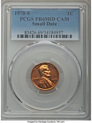image for: 1970-S 1C Small Date PR69 Red Cameo PCGS. PCGS Population: (14/0). NGC Census: (1/0)....