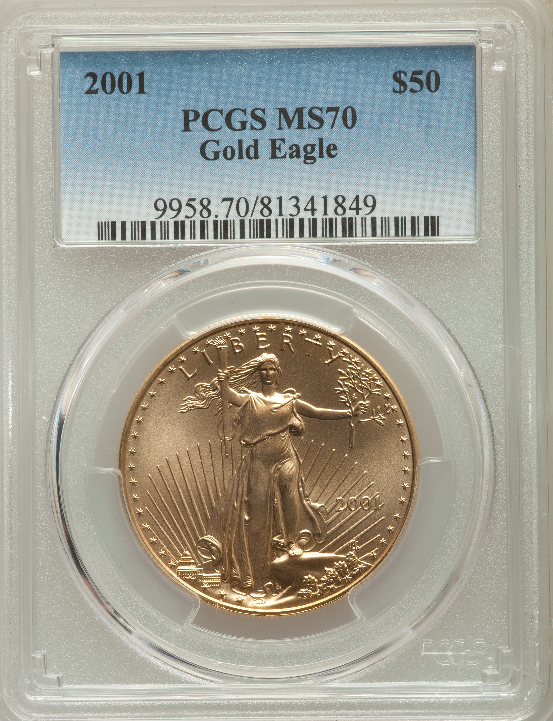 2001 $50 One-Ounce Gold Eagle MS70 PCGS. PCGS Population: (45). NGC Census: (302). Mintage 143,605. ...