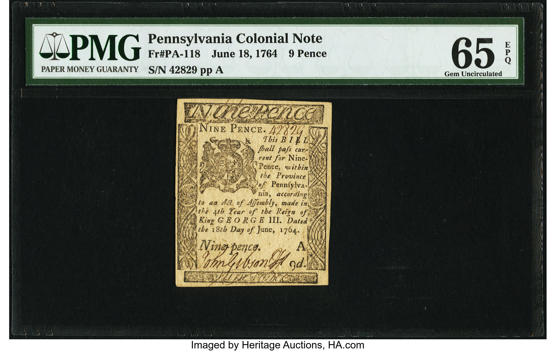 image for: Pennsylvania June 18, 1764 9d PMG Gem Uncirculated 65 EPQ....