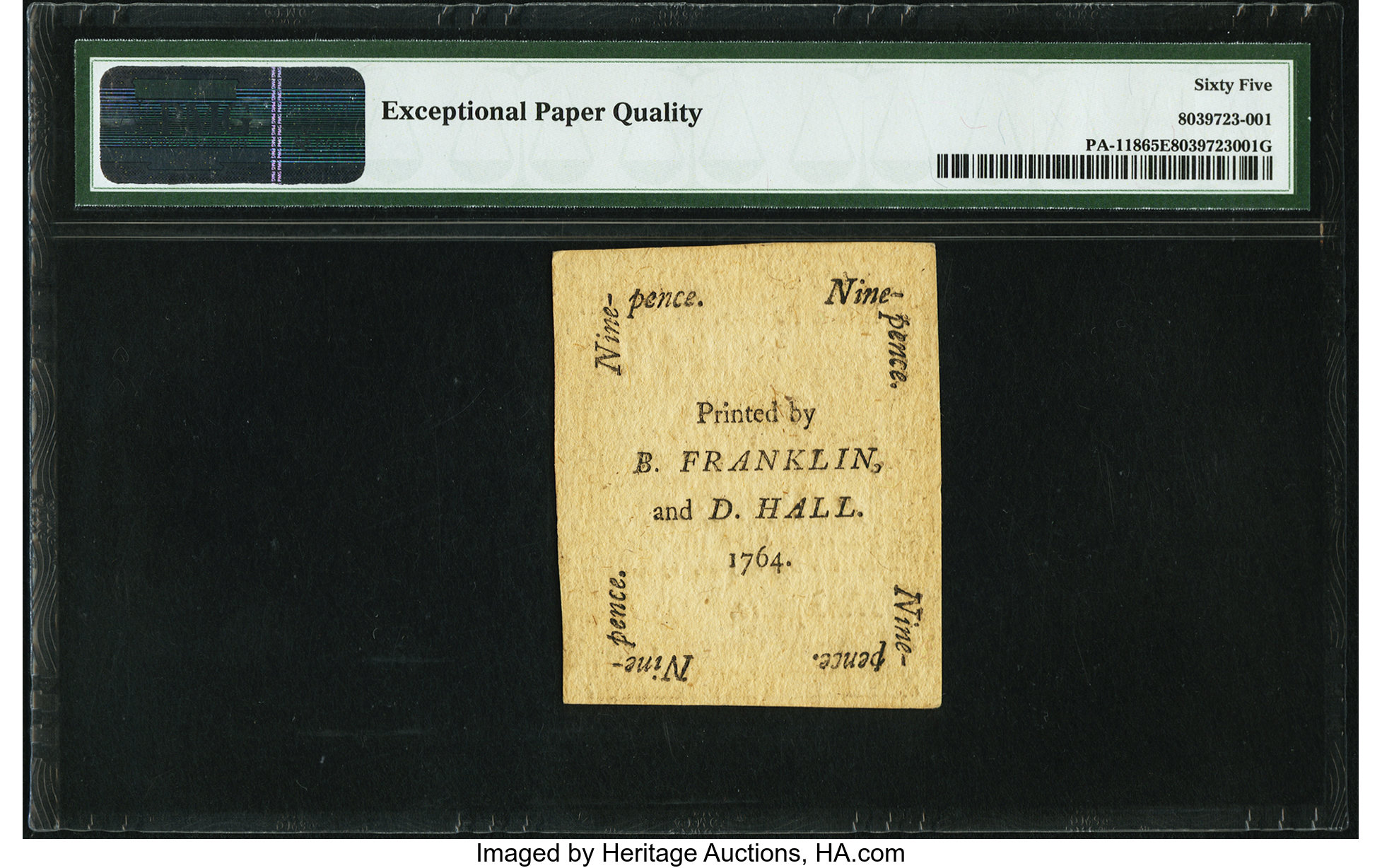 image for: Pennsylvania June 18, 1764 9d PMG Gem Uncirculated 65 EPQ....