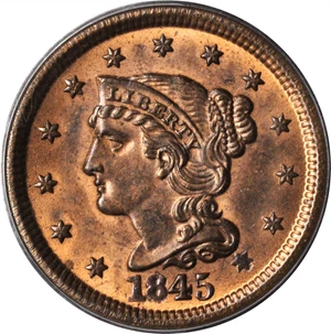 image for: 1845 Braided Hair Cent. N-10. Rarity-3. MS-64 RB (PCGS).