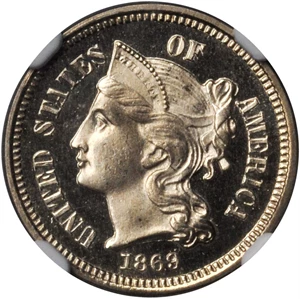 image for: 1869 Nickel Three-Cent Piece. Proof-67 Ultra Cameo (NGC).