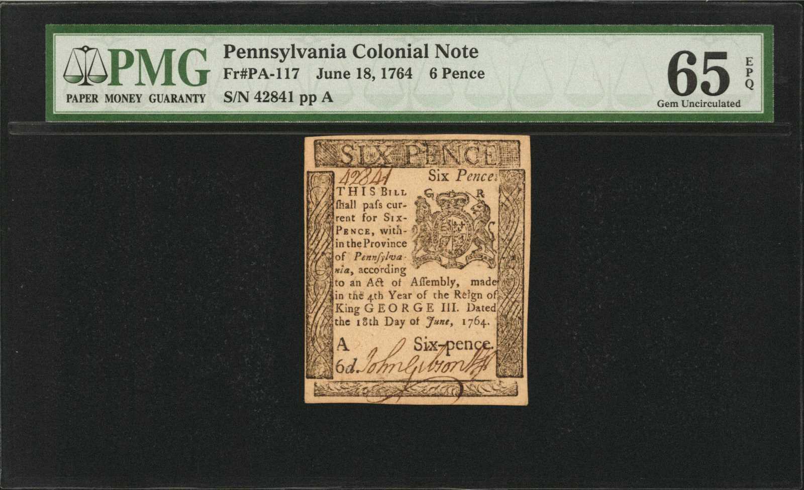 image for: PA-117. Pennsylvania. June 18, 1764. 6 Pence. PMG Gem Uncirculated 65 EPQ.