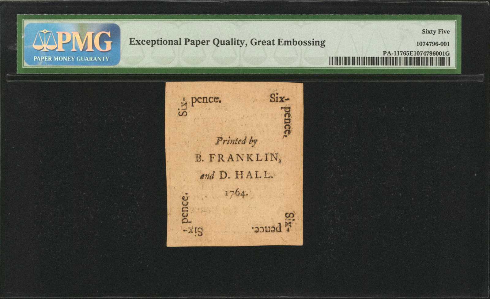 image for: PA-117. Pennsylvania. June 18, 1764. 6 Pence. PMG Gem Uncirculated 65 EPQ.