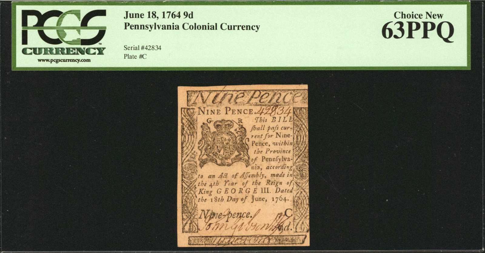 image for: PA-118. Pennsylvania. June 18, 1764. 9 Pence. PCGS Currency Choice New 63 PPQ.