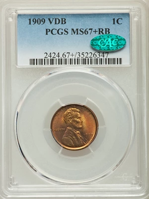 image for: 1909 1C VDB MS67+ Red and Brown PCGS. CAC....