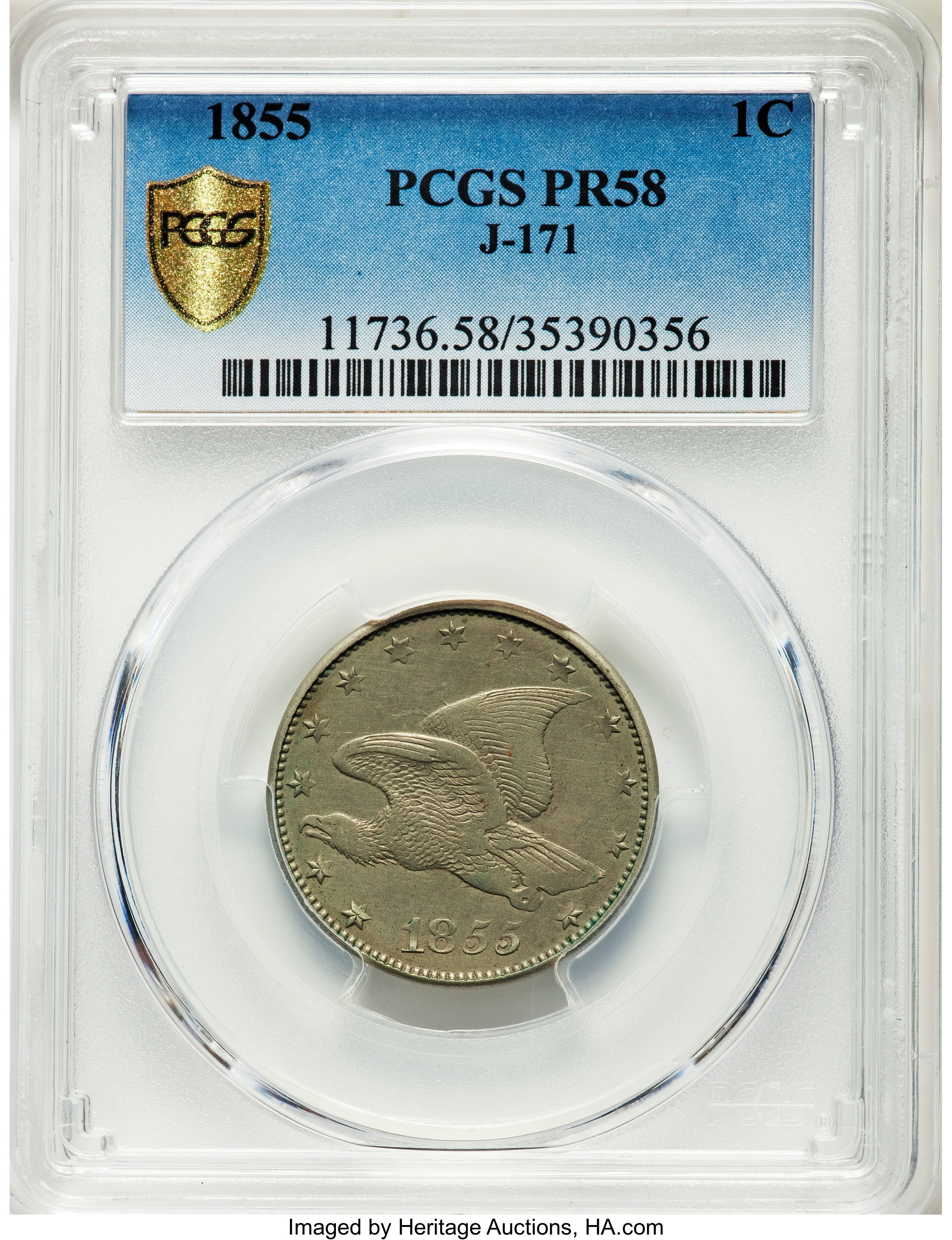 image for: 1855 E1C Flying Eagle Cent, Judd-171, Pollock-196, Low R.7 PR58 PCGS Secure....