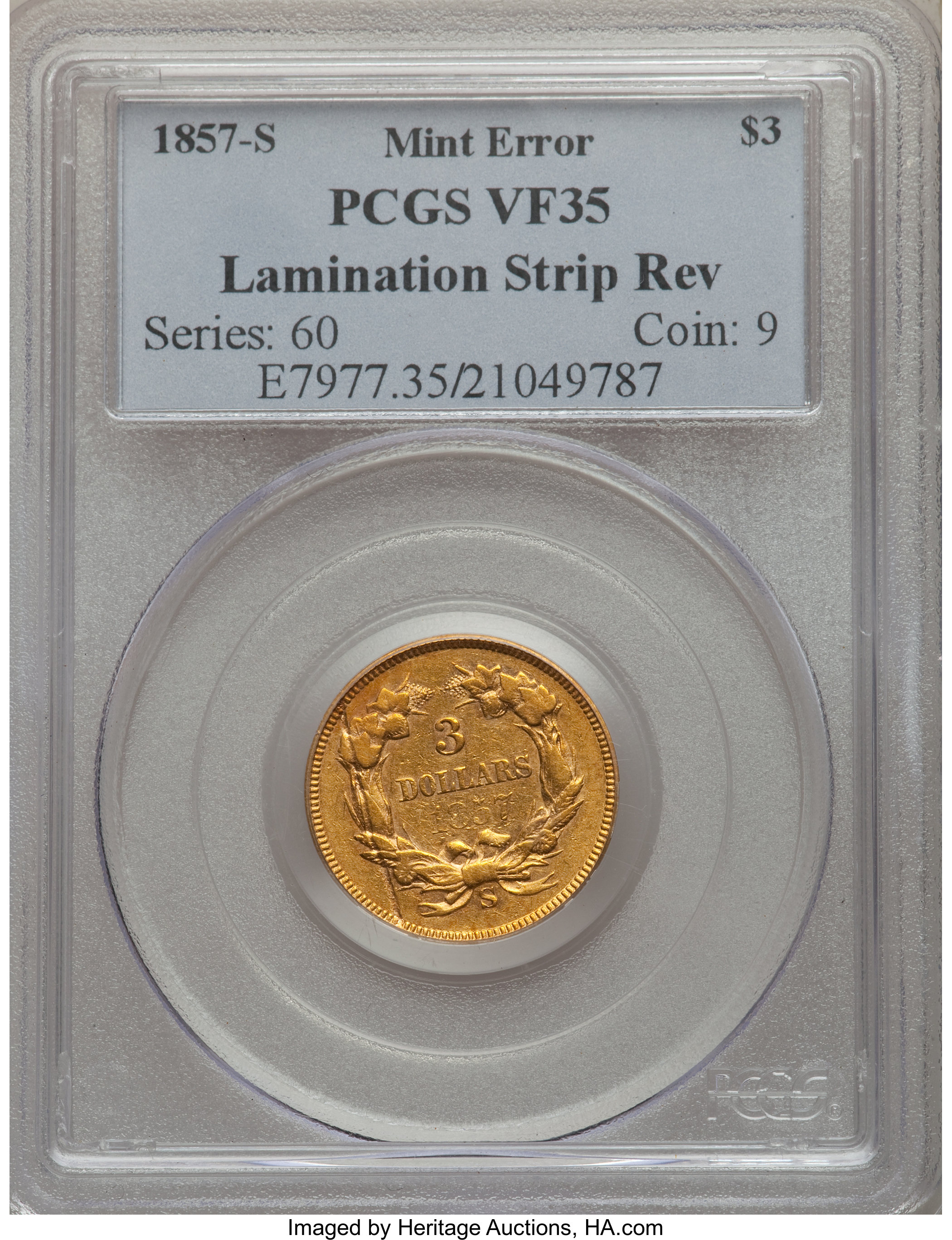 1857-S $3 -- Lamination Strip Reverse -- VF35 PCGS. ...