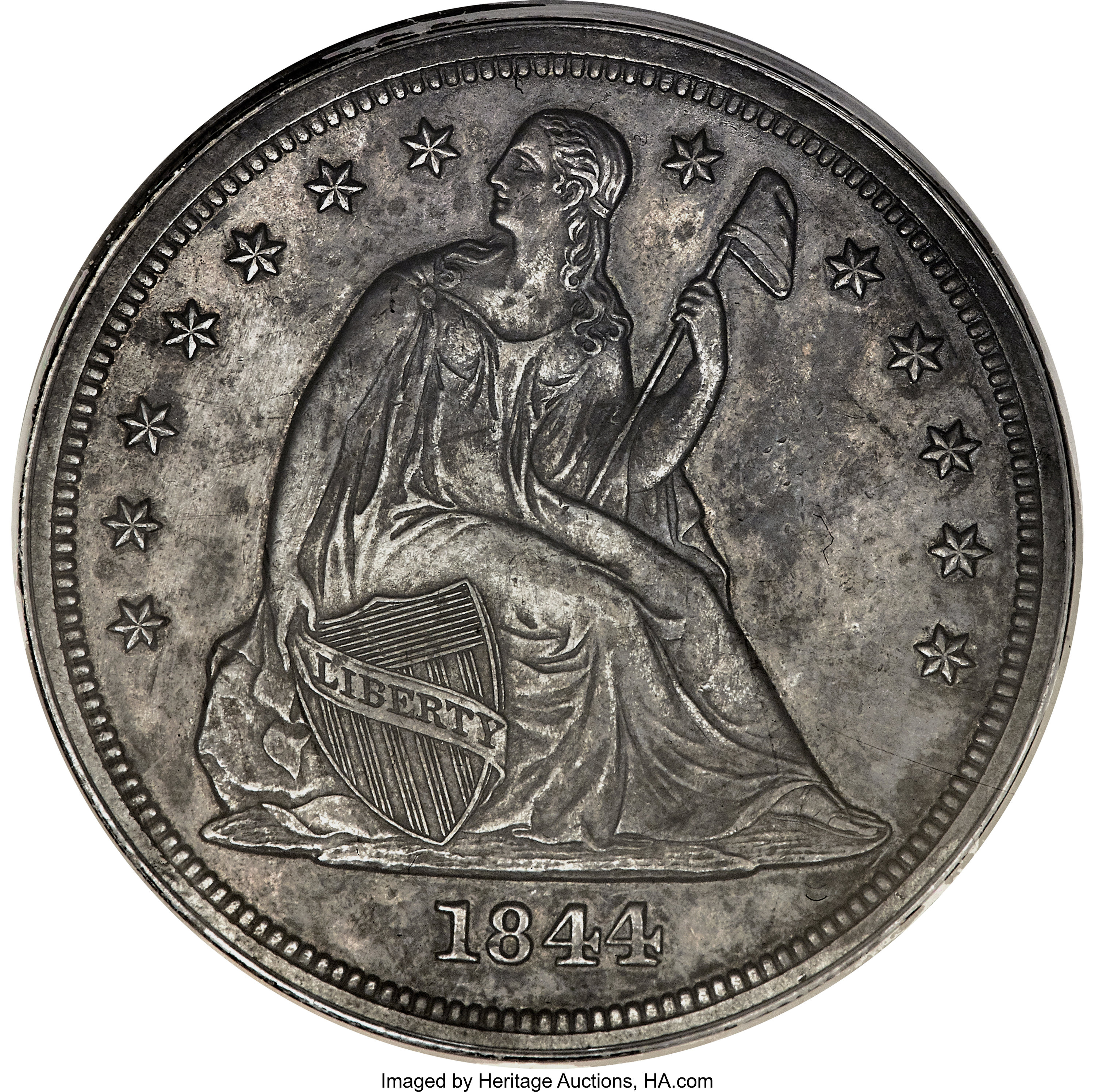 image for: 1844 $1 -- Environmental Damage -- ANACS. PR58 Details. OC-P1, High R.6....