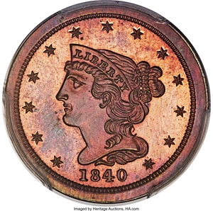 image for: 1840 1/2 C Second Restrike PR65 Red and Brown PCGS. CAC. B-3, High R.6. ...