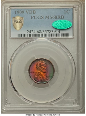 image for: 1909 1C VDB MS68 Red and Brown PCGS Secure. CAC....