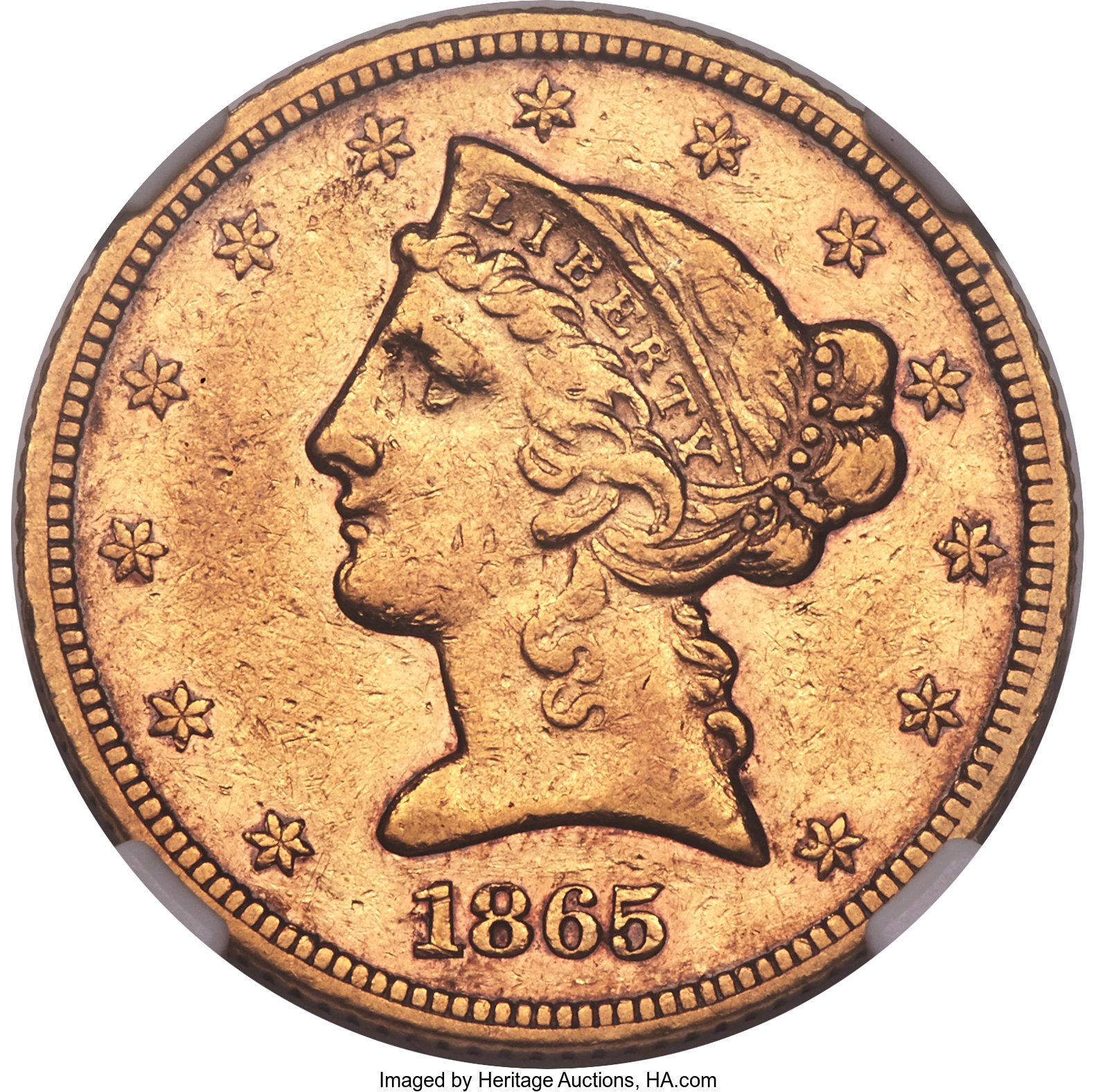 image for: 1865 $5 AU50 NGC....