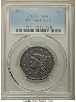 image for: 1837 1C Plain Cords, Medium Letters, XF40 PCGS. N-3, R.1....