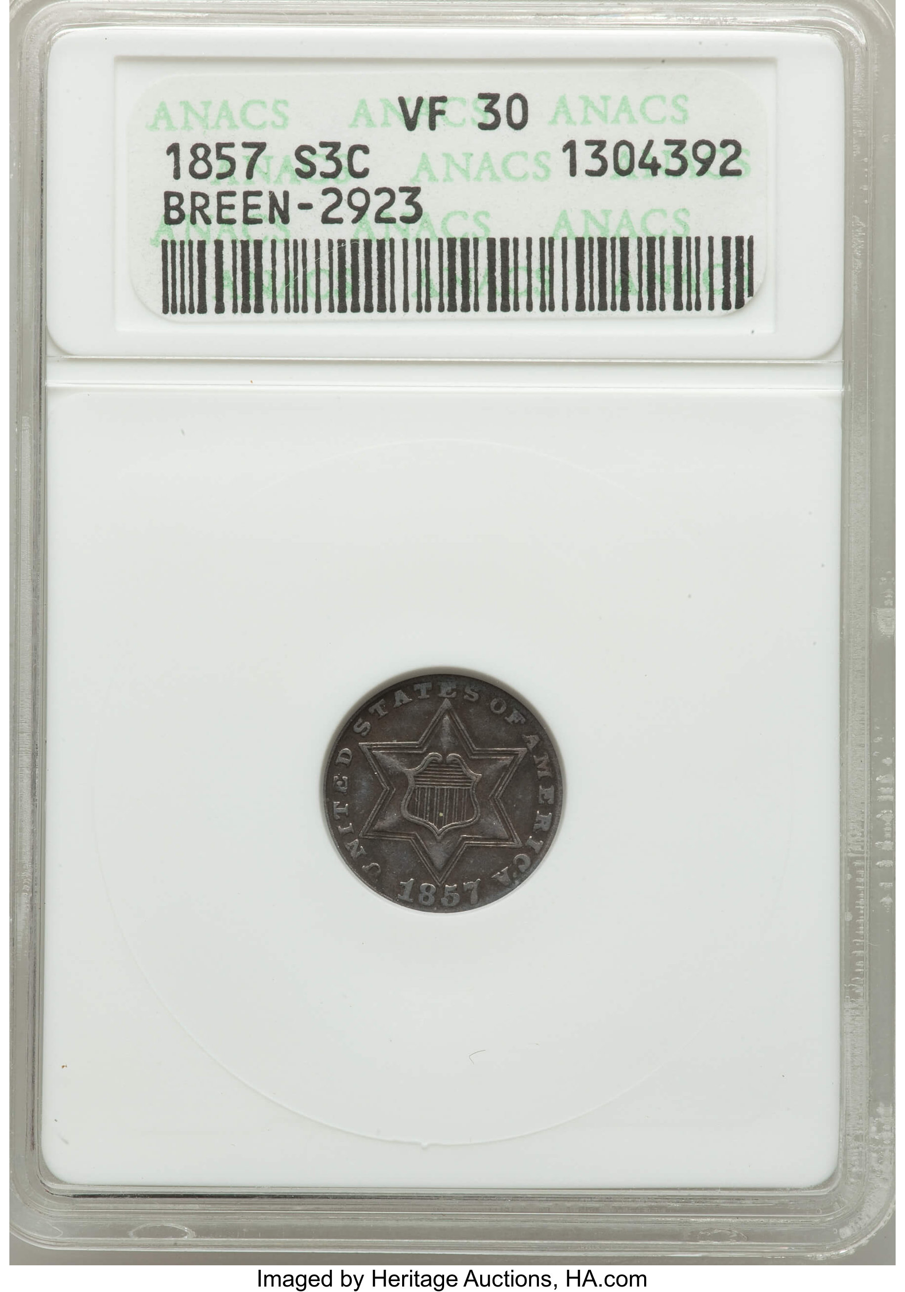 1857 3CS VF30 ANACS. BREEN-2923. NGC Census: (5/331). PCGS Population: (5/341). Mintage 1,042,000. ...