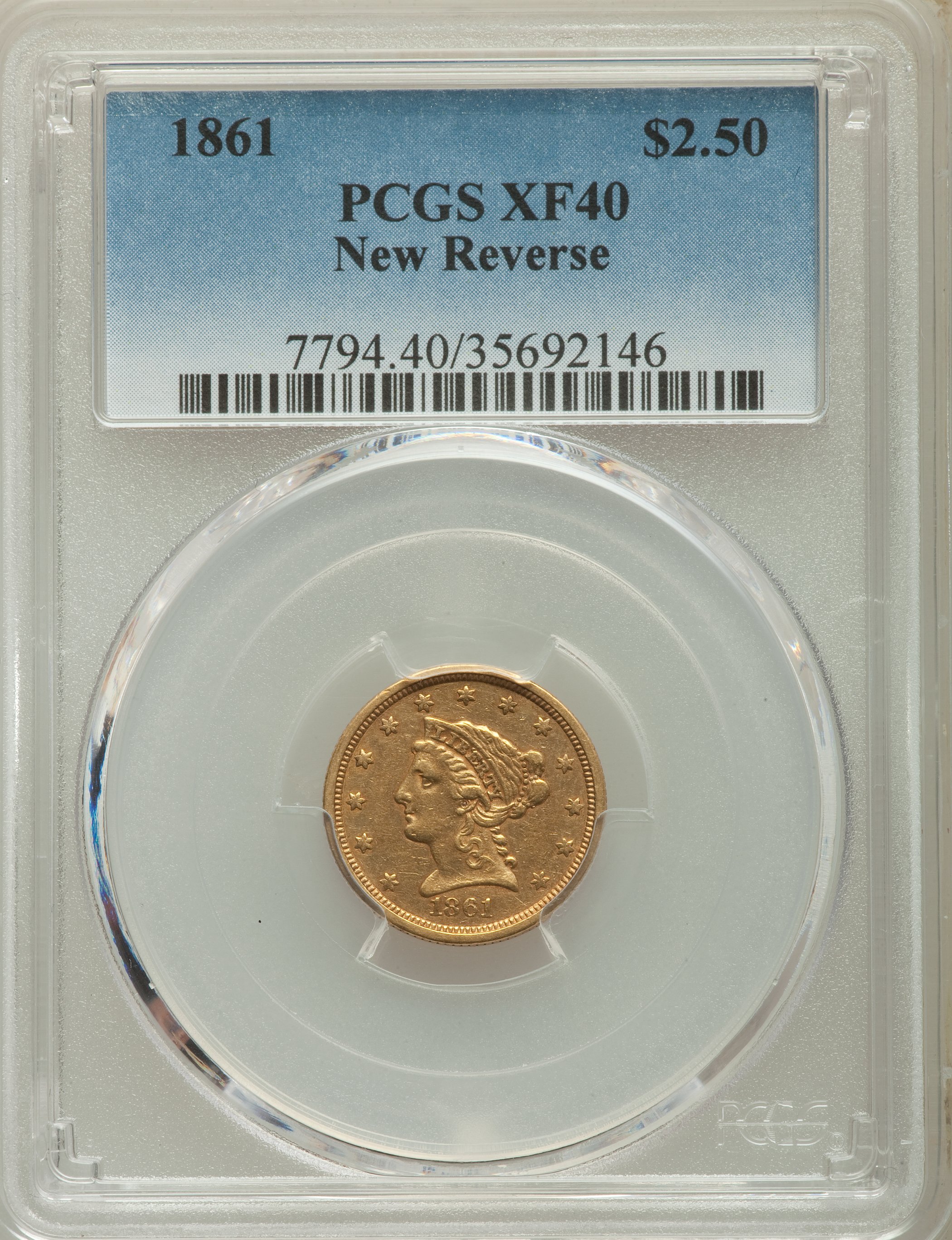 1861 $2 1/2 New Reverse, Type Two, XF40 PCGS. PCGS Population: (12/1552). NGC Census: (8/2097). XF40. Mintage 1,283,878. ...