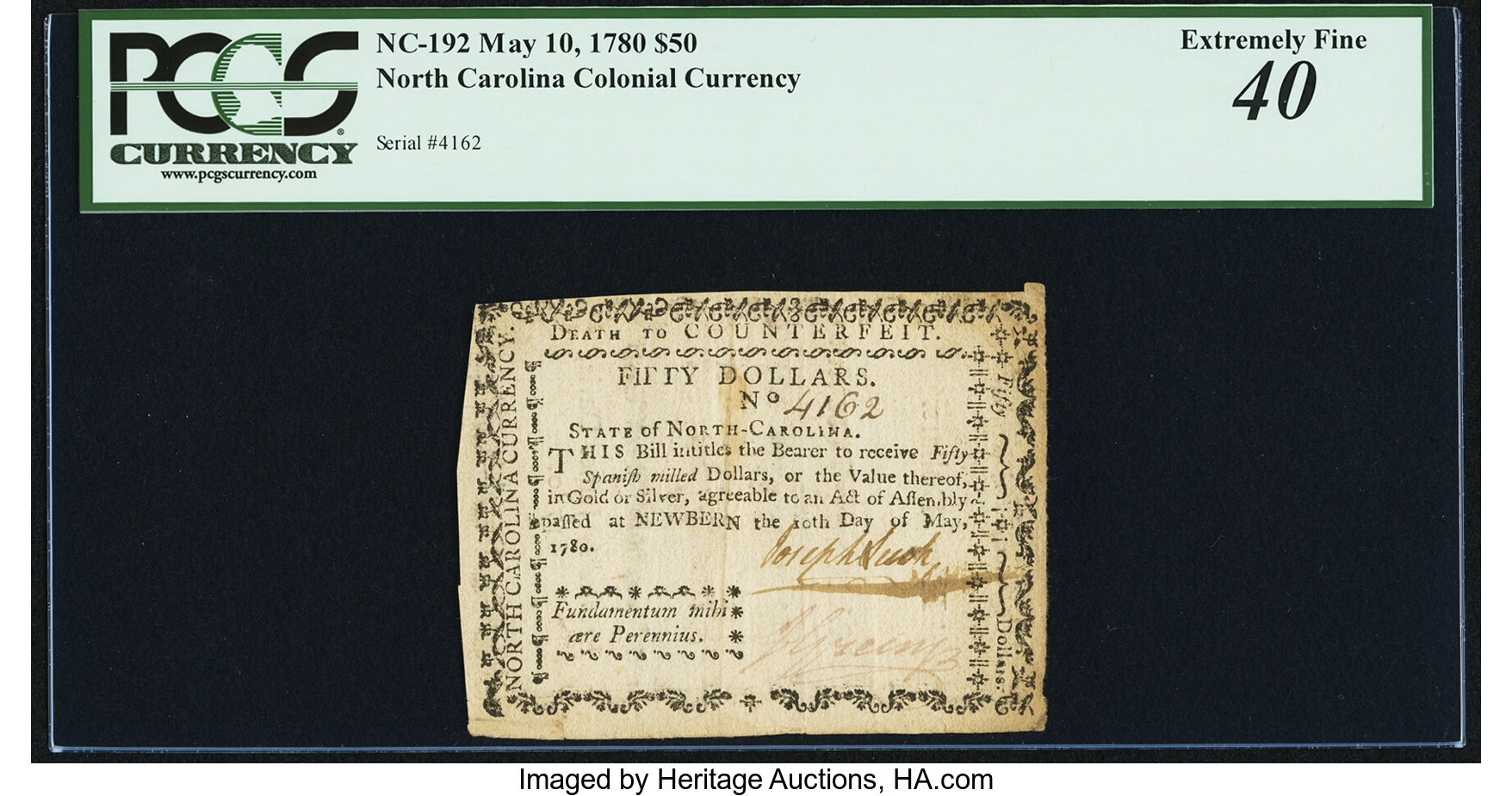 image for: North Carolina May 10, 1780 $50 Fundamentum Mihi Aere Perennius PCGS Extremely Fine 40....