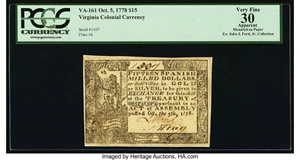 image for: Virginia October 5, 1778 $15 PCGS Apparent Very Fine 30....