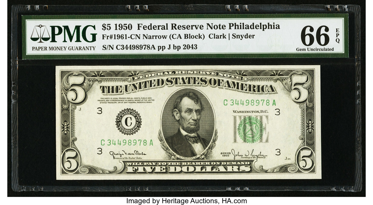 image for: Fr. 1961-C $5 1950 Narrow Federal Reserve Note. PMG Gem Uncirculated 66 EPQ....