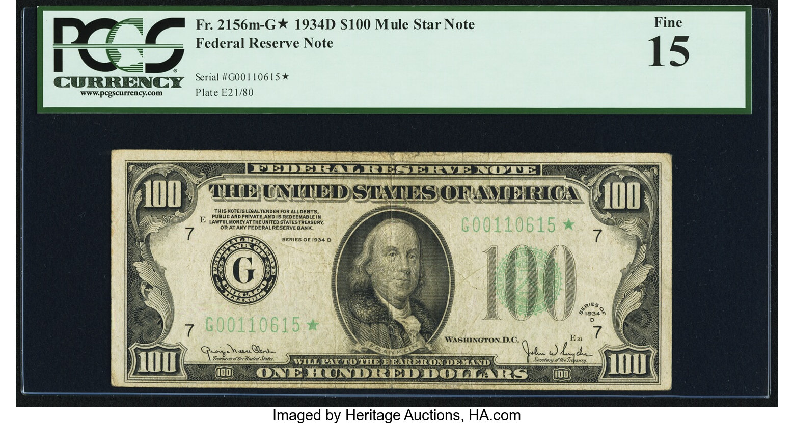 image for: Fr. 2156-G* $100 1934D Mule Federal Reserve Note. PCGS Fine 15....