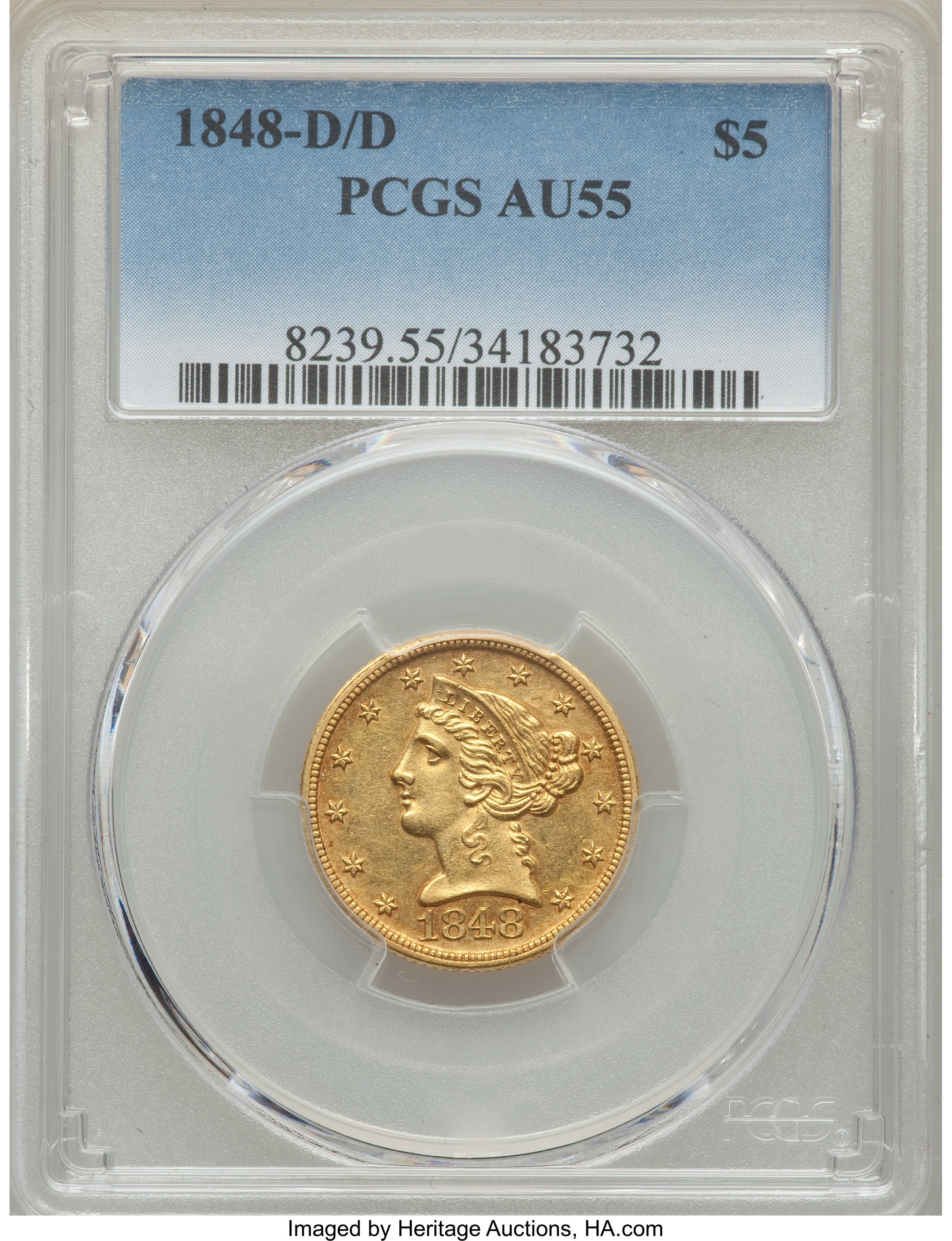image for: 1848-D/D $5 AU55 PCGS. FS-501, Variety 22-O....