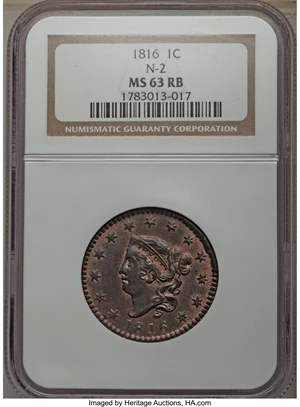 image for: 1816 1C N-2, R.1, MS63 Red and Brown NGC....