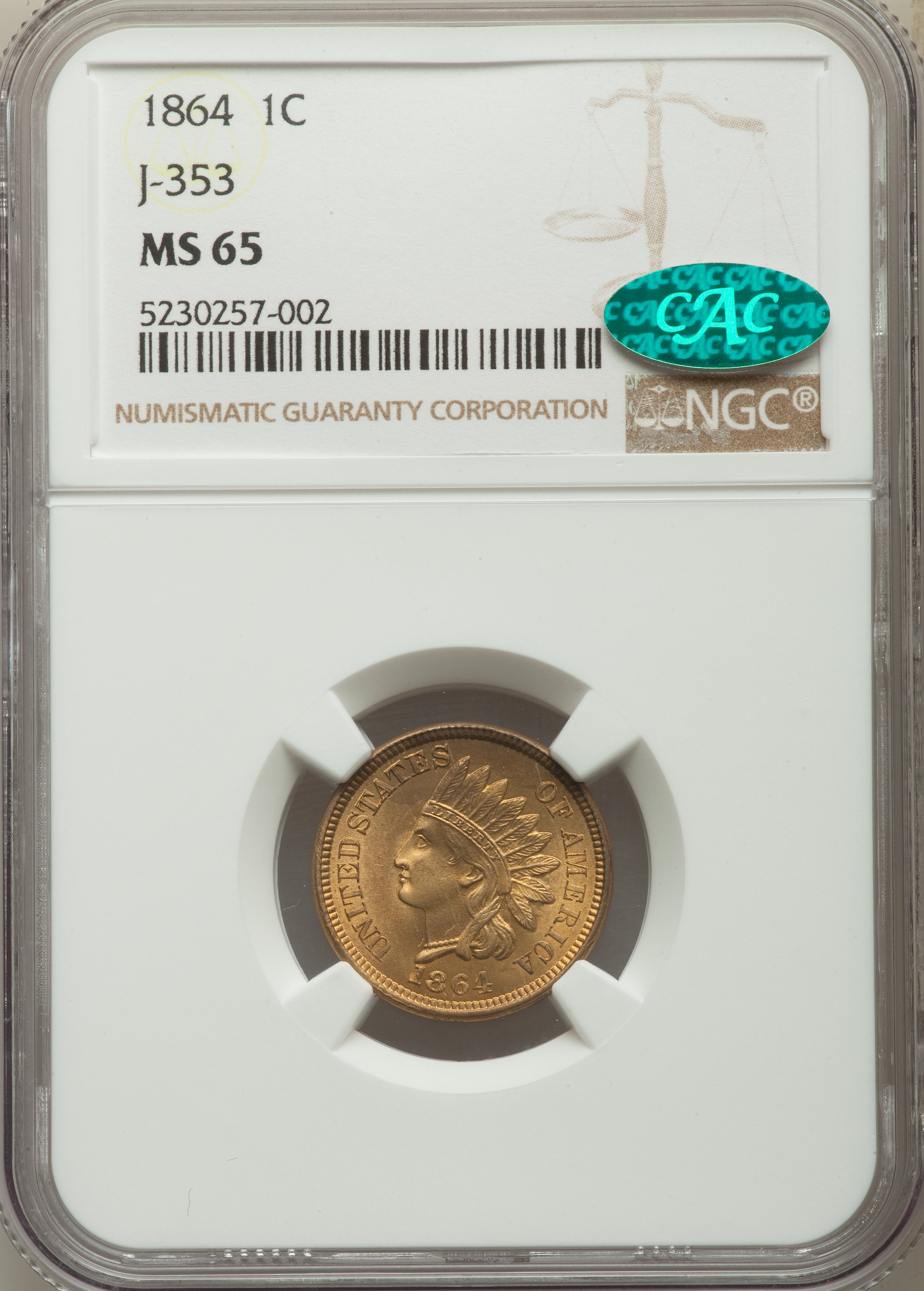 image for: 1864 1C No L Indian Cent, Judd-353, Pollock-425, Snow-PT1a-2, Low R.6, MS65 NGC. CAC....
