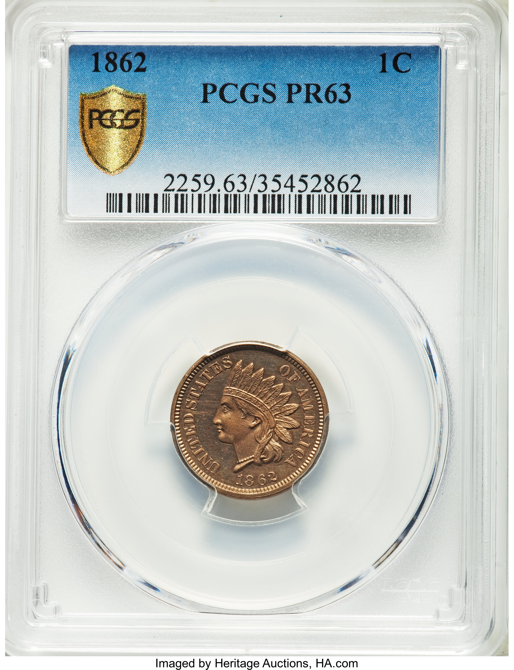 1862 1C PR63 PCGS Secure. PCGS Population: (33/260 and 0/6+). NGC Census: (21/206 and 0/4+). PR63. Mintage 550. ...