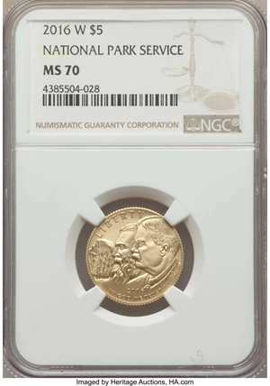 image for: 2016-W $5 100th Anniversary National Parks Gold Five Dollar MS70 NGC. NGC Census: (0). PCGS Population: (198)....