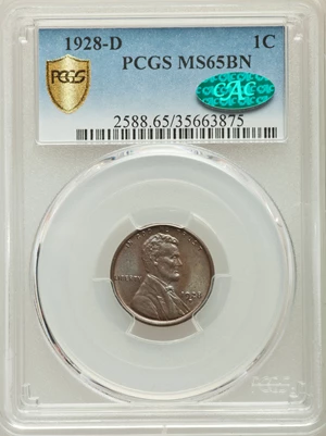 image for: 1928-D 1C MS65 Brown PCGS Secure. CAC. PCGS Population: (20/2). NGC Census: (16/2). CDN: $150 Whsle. Bid for problem-free N...