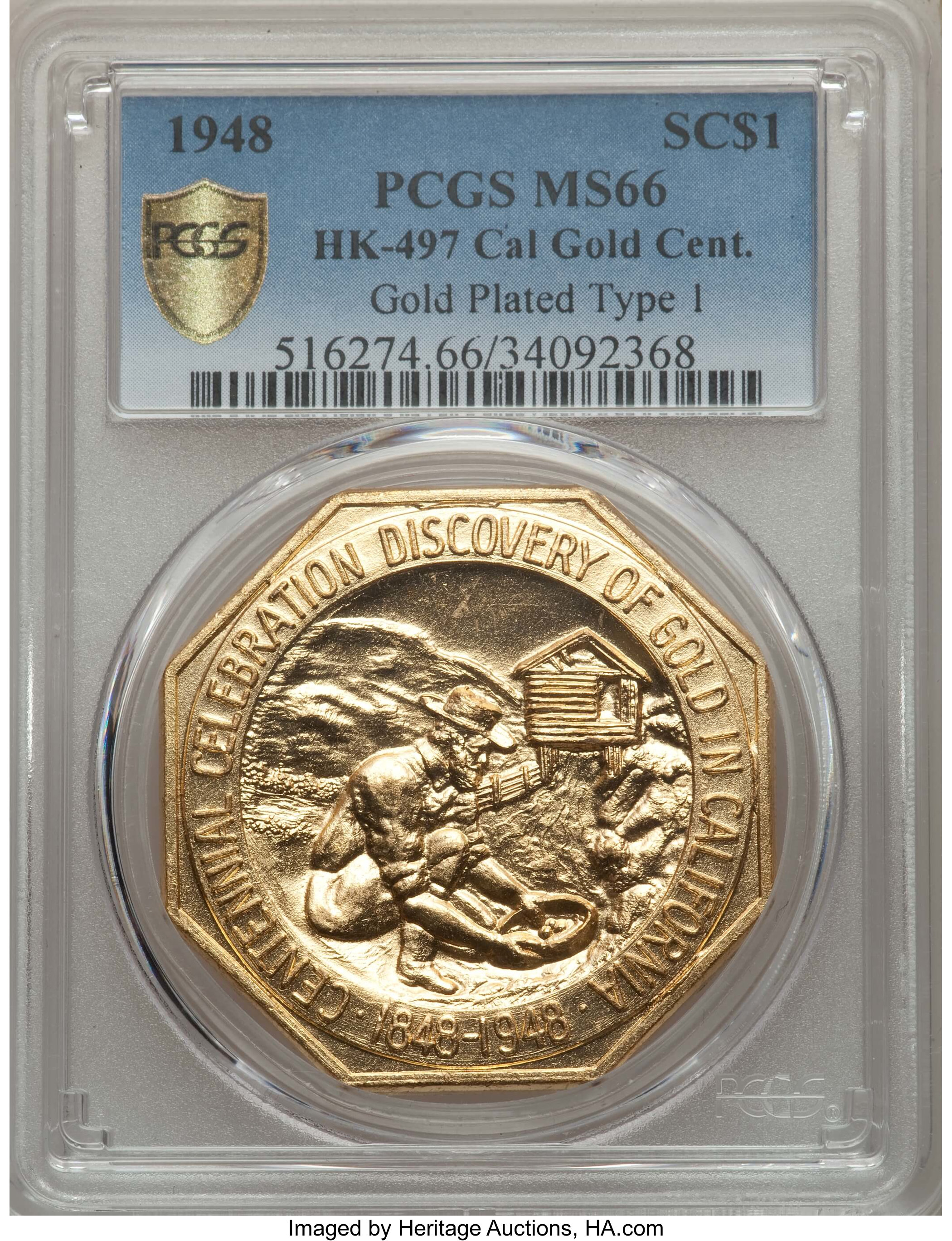 1948 SC$1 Cal Gold Discovery, Ty.1, octag, Bronze (gold plated), HK-497 MS