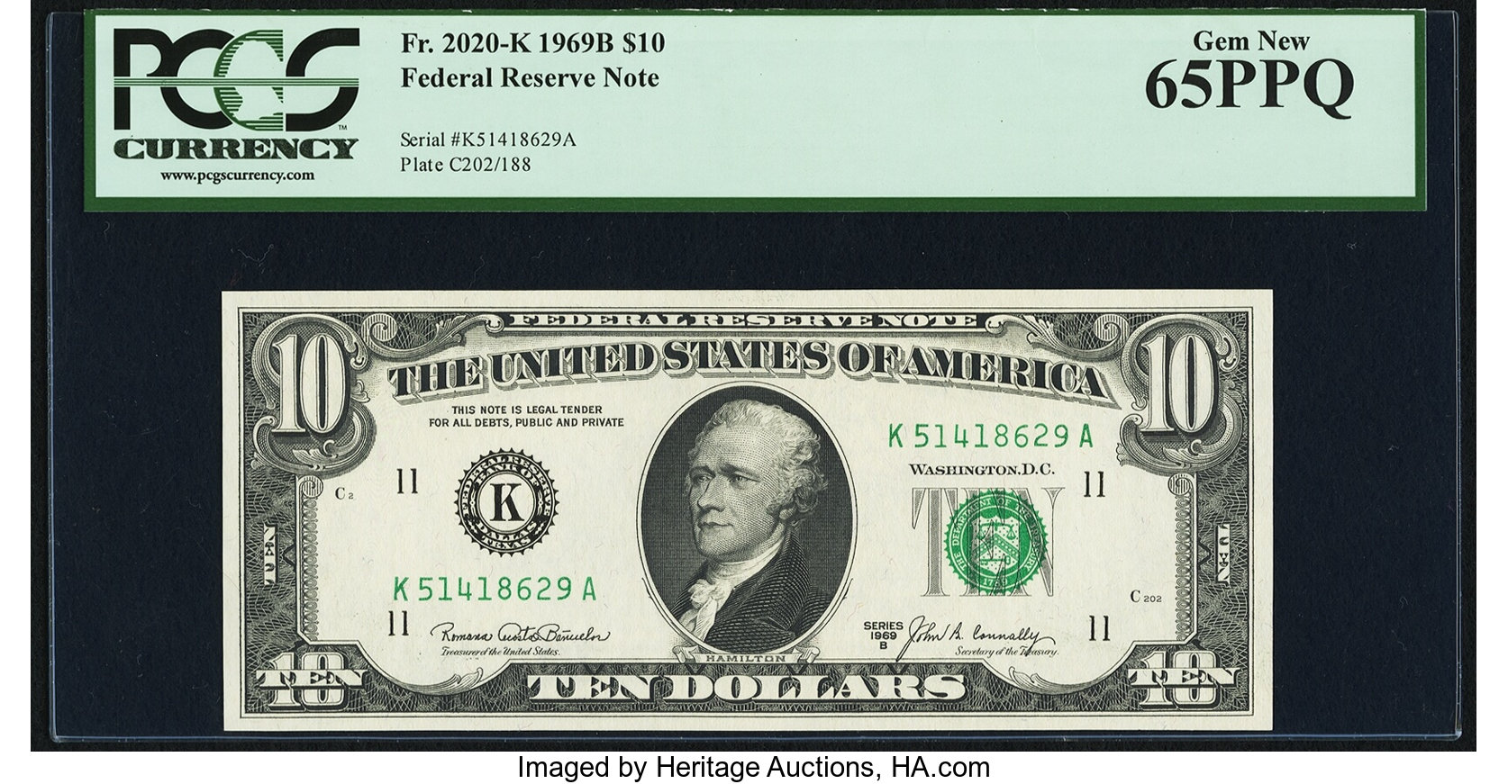image for: Fr. 2020-K $10 1969B Federal Reserve Note. PCGS Gem New 65PPQ....