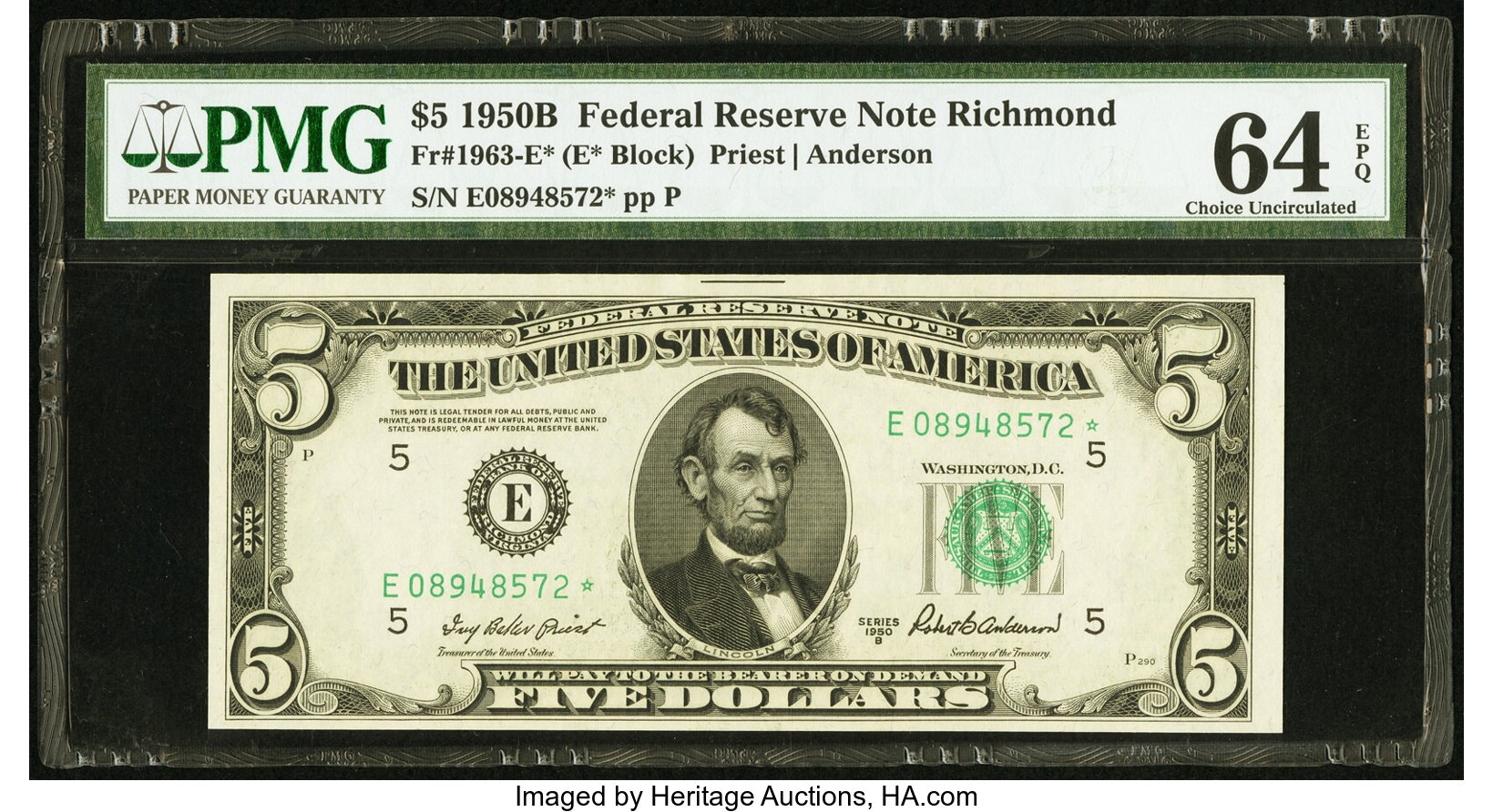 image for: Fr. 1963-E* $5 1950B Federal Reserve Note. PMG Choice Uncirculated 64 EPQ....