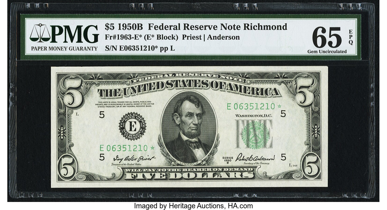 image for: Fr. 1963-E* $5 1950B Federal Reserve Note. PMG Gem Uncirculated 65 EPQ....