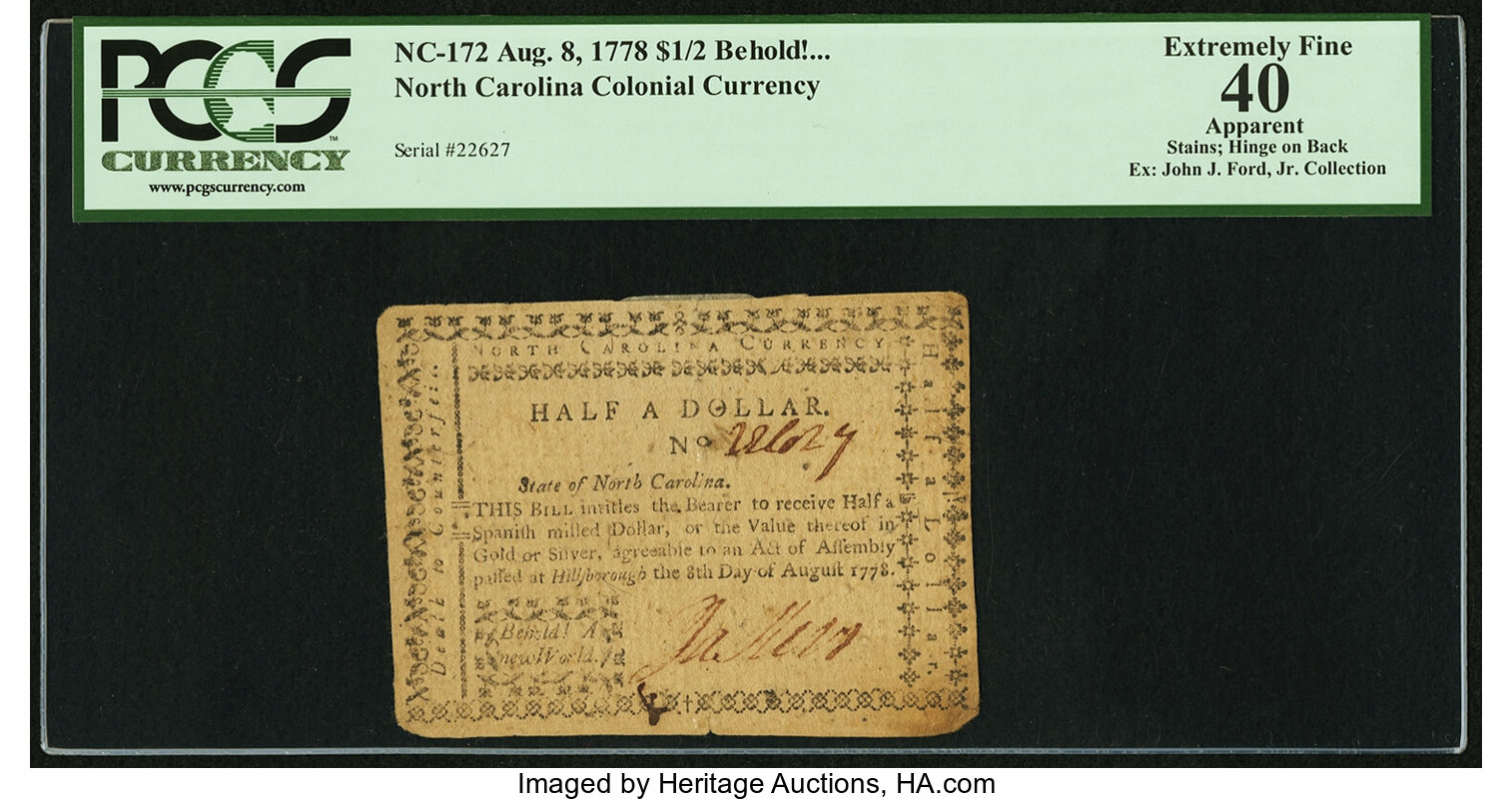 image for: North Carolina August 8, 1778 $1/2 Behold! A New World PCGS Apparent Extremely Fine 40....