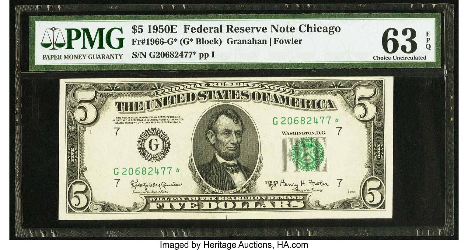 image for: Fr. 1966-G* $5 1950E Federal Reserve Star Note. PMG Choice Uncirculated 63 EPQ....