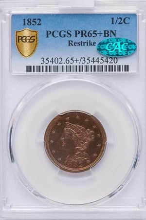 image for: 1/2C 1852 RESTRIKE. PCGS PR65+ BN CAC