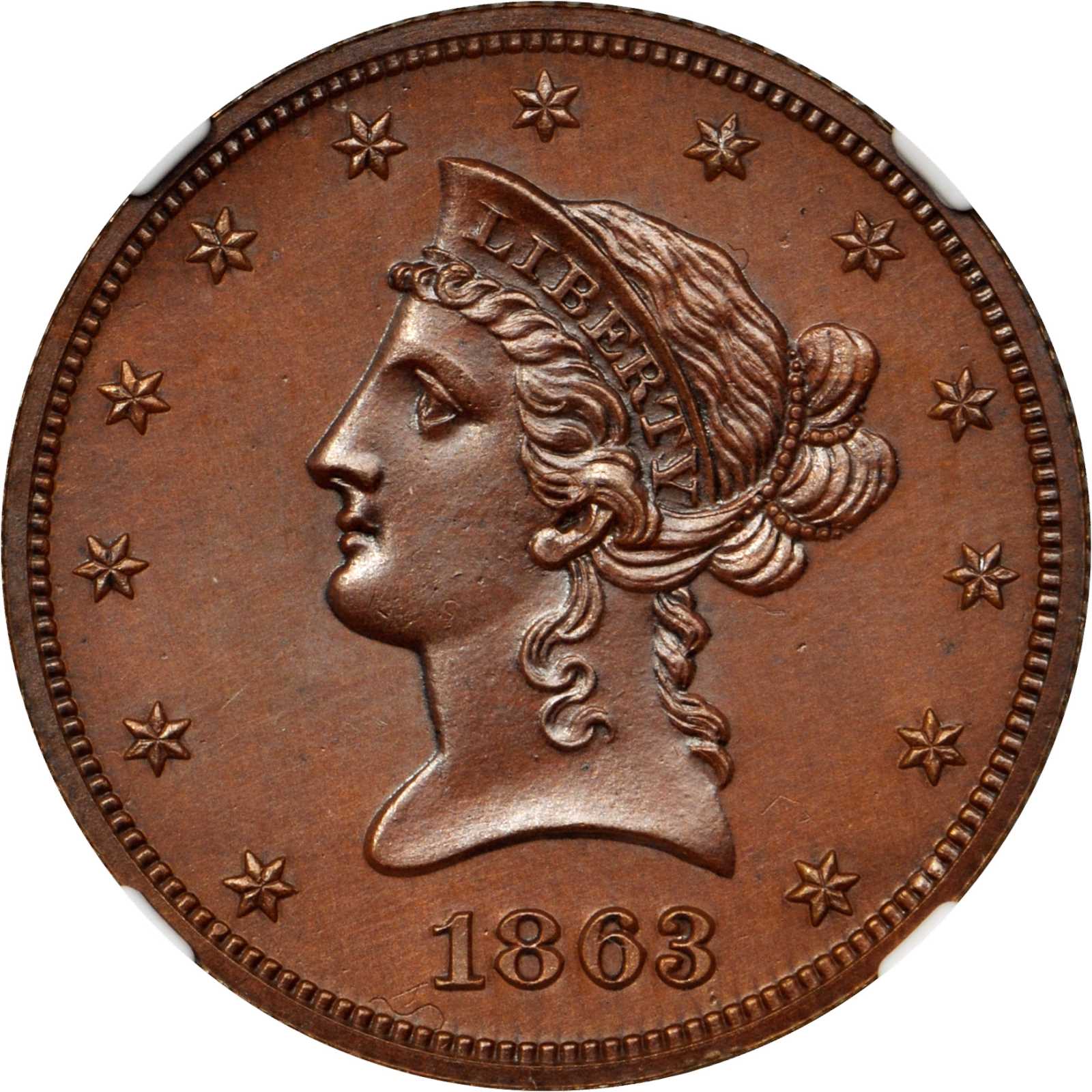 image for: 1863 Pattern Liberty Head Eagle. Judd-352, Pollock-424. Rarity-6+. Copper. Reeded Edge. Proof-65 BN (NGC). CAC.