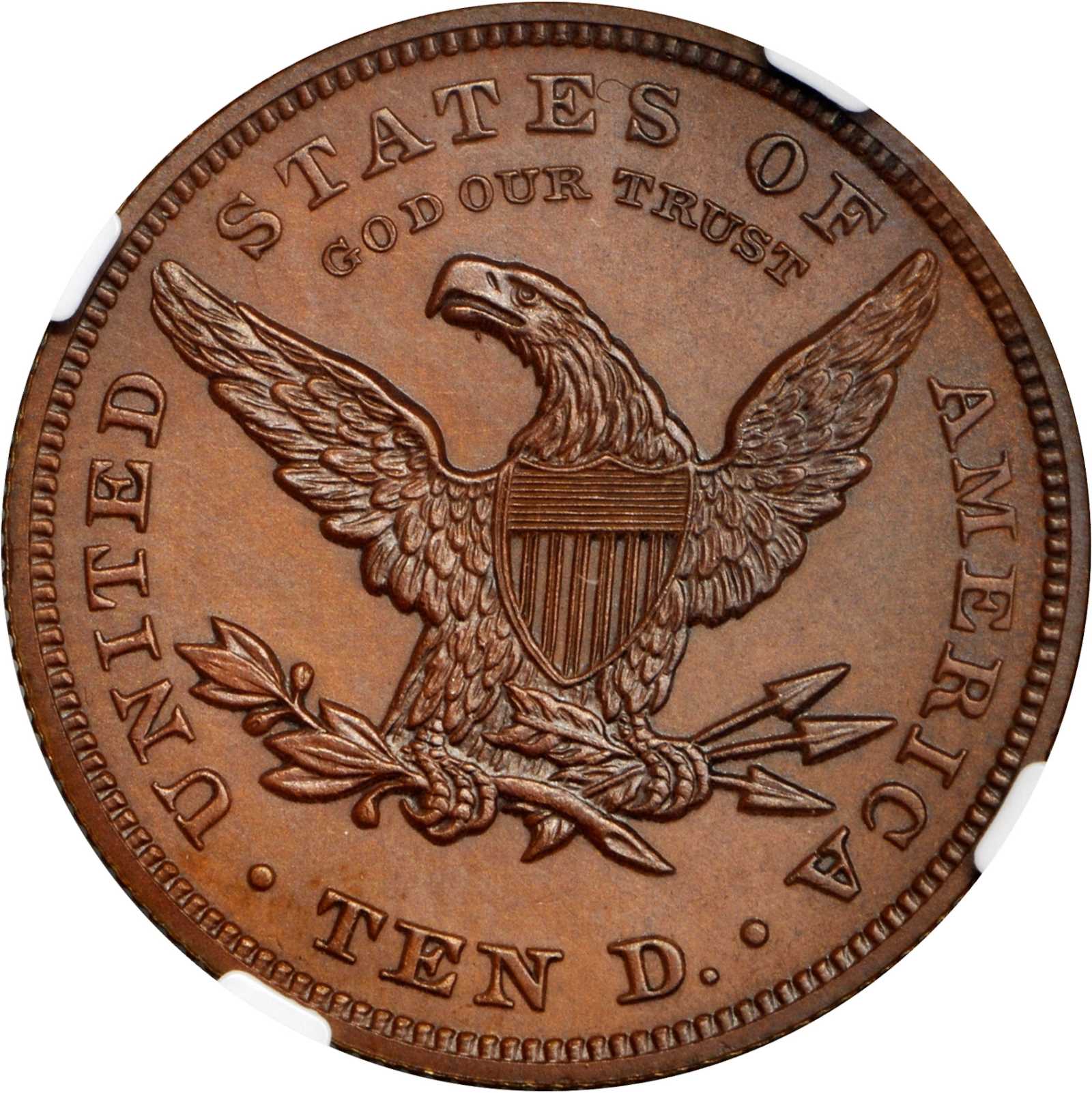 image for: 1863 Pattern Liberty Head Eagle. Judd-352, Pollock-424. Rarity-6+. Copper. Reeded Edge. Proof-65 BN (NGC). CAC.