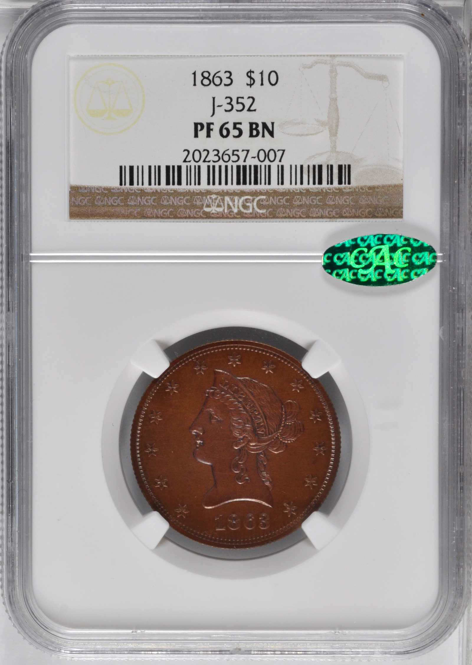 image for: 1863 Pattern Liberty Head Eagle. Judd-352, Pollock-424. Rarity-6+. Copper. Reeded Edge. Proof-65 BN (NGC). CAC.