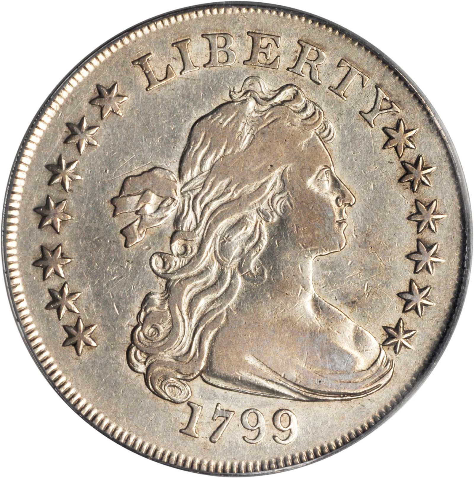 image for: 1799 Draped Bust Silver Dollar. BB-151, B-13. Rarity-5. Irregular Date, 13-Star Reverse. VF-20 (PCGS). OGH.