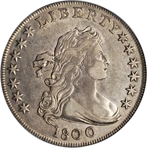 image for: 1800 Draped Bust Silver Dollar. BB-190, B-10a. Rarity-3. Very Wide Date, Low 8. EF-40 (PCGS).