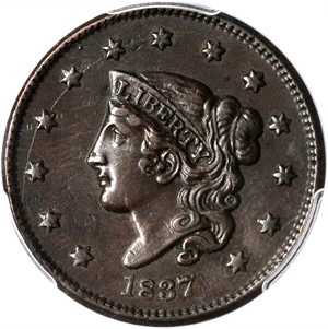 image for: 1837 Modified Matron Head Cent. N-4. Rarity-2. Plain Cord, Medium Letters. EF-45 (PCGS).