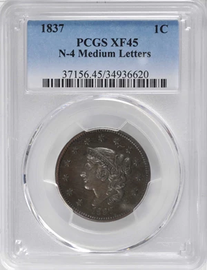 image for: 1837 Modified Matron Head Cent. N-4. Rarity-2. Plain Cord, Medium Letters. EF-45 (PCGS).