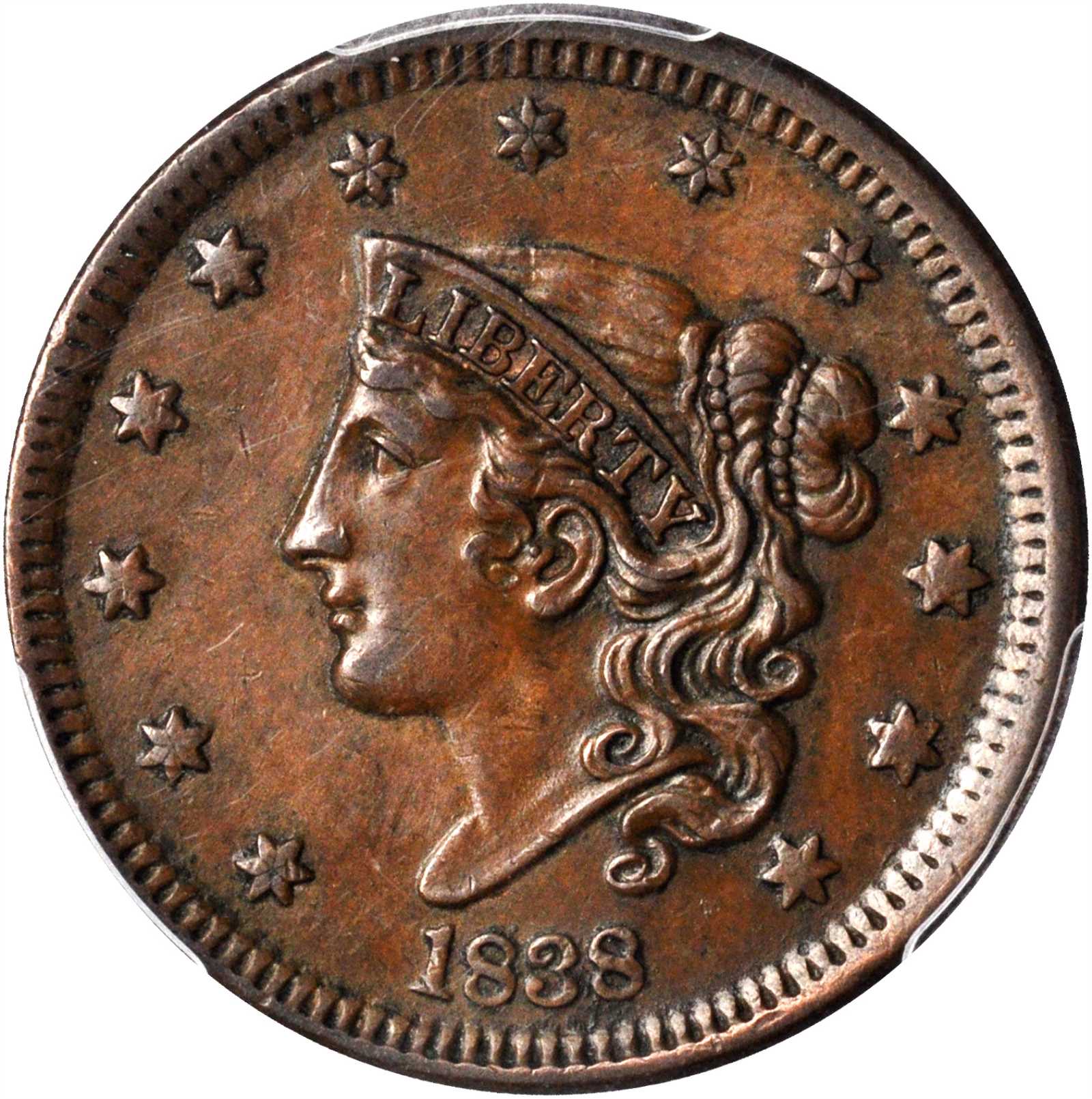image for: 1838 Modified Matron Head Cent. N-2. Rarity-1. AU-50 (PCGS).