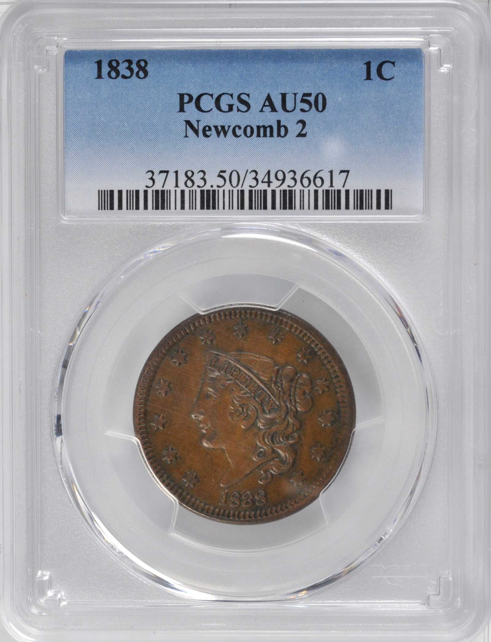 image for: 1838 Modified Matron Head Cent. N-2. Rarity-1. AU-50 (PCGS).