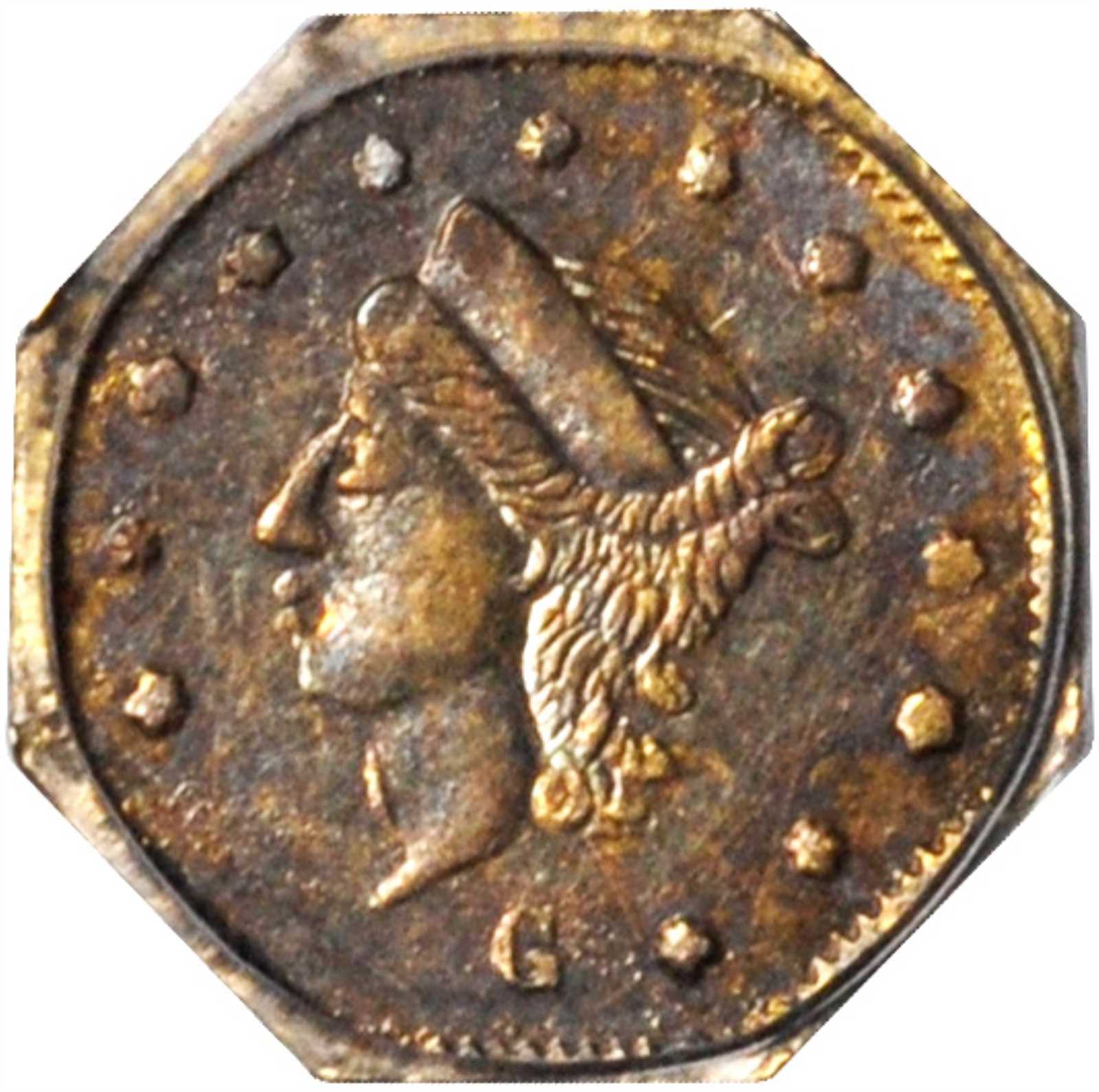 image for: 1870-G Octagonal 25 Cents. BG-752. Rarity-5-. Liberty Head. AU-53 (PCGS).