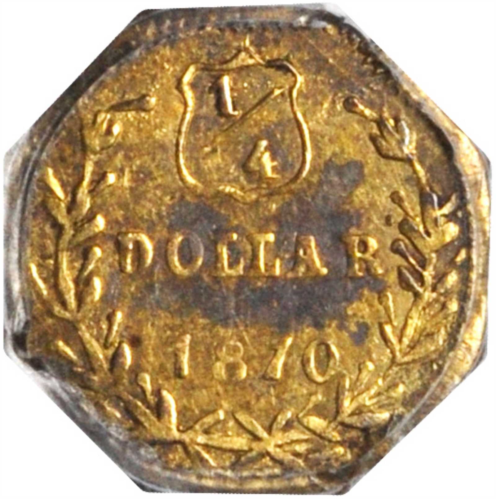 image for: 1870-G Octagonal 25 Cents. BG-752. Rarity-5-. Liberty Head. AU-53 (PCGS).