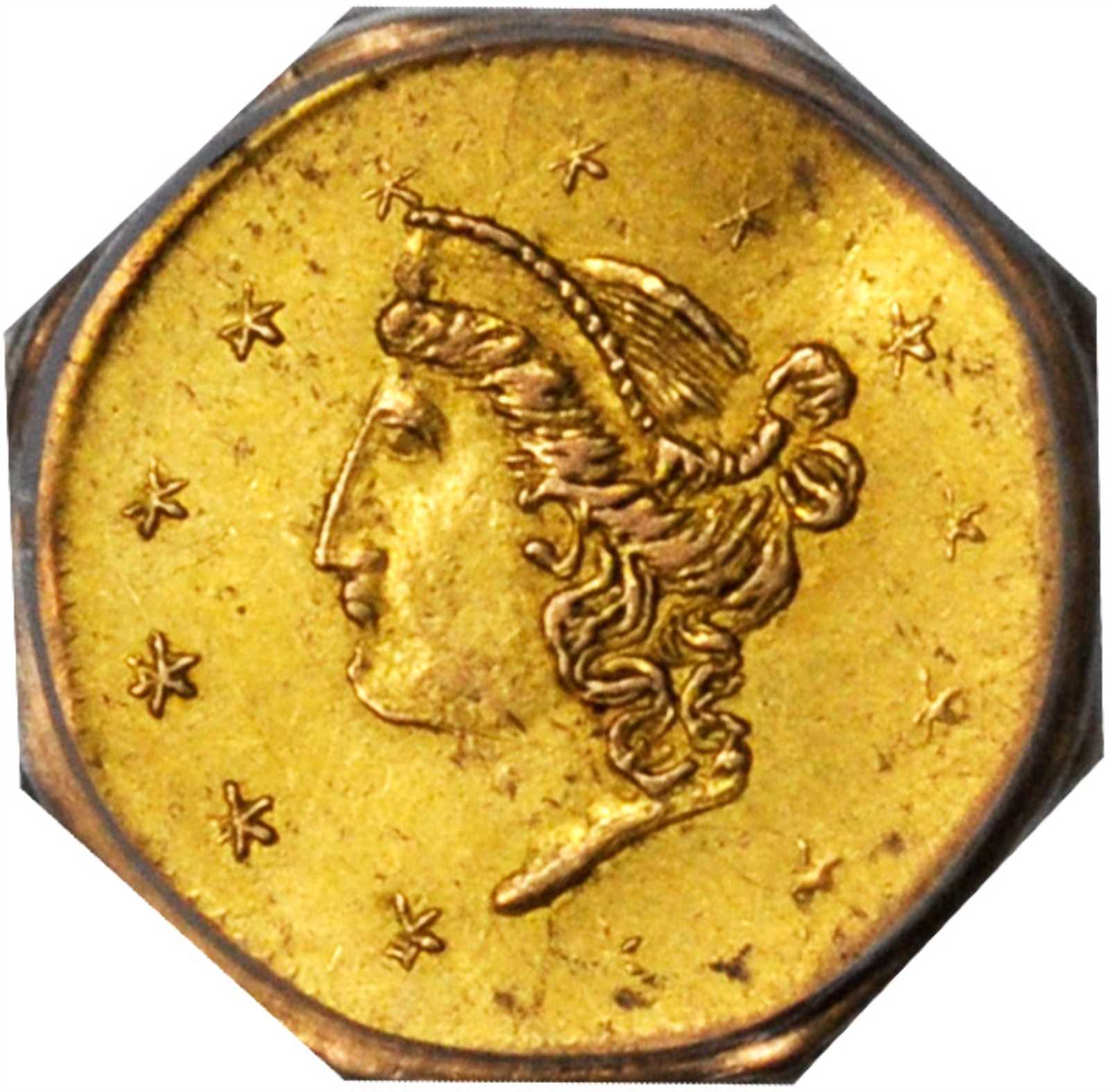 image for: 1870 Octagonal 50 Cents. BG-936. Rarity-5-. Liberty Head. AU-58 (PCGS). Gold Shield Holder.